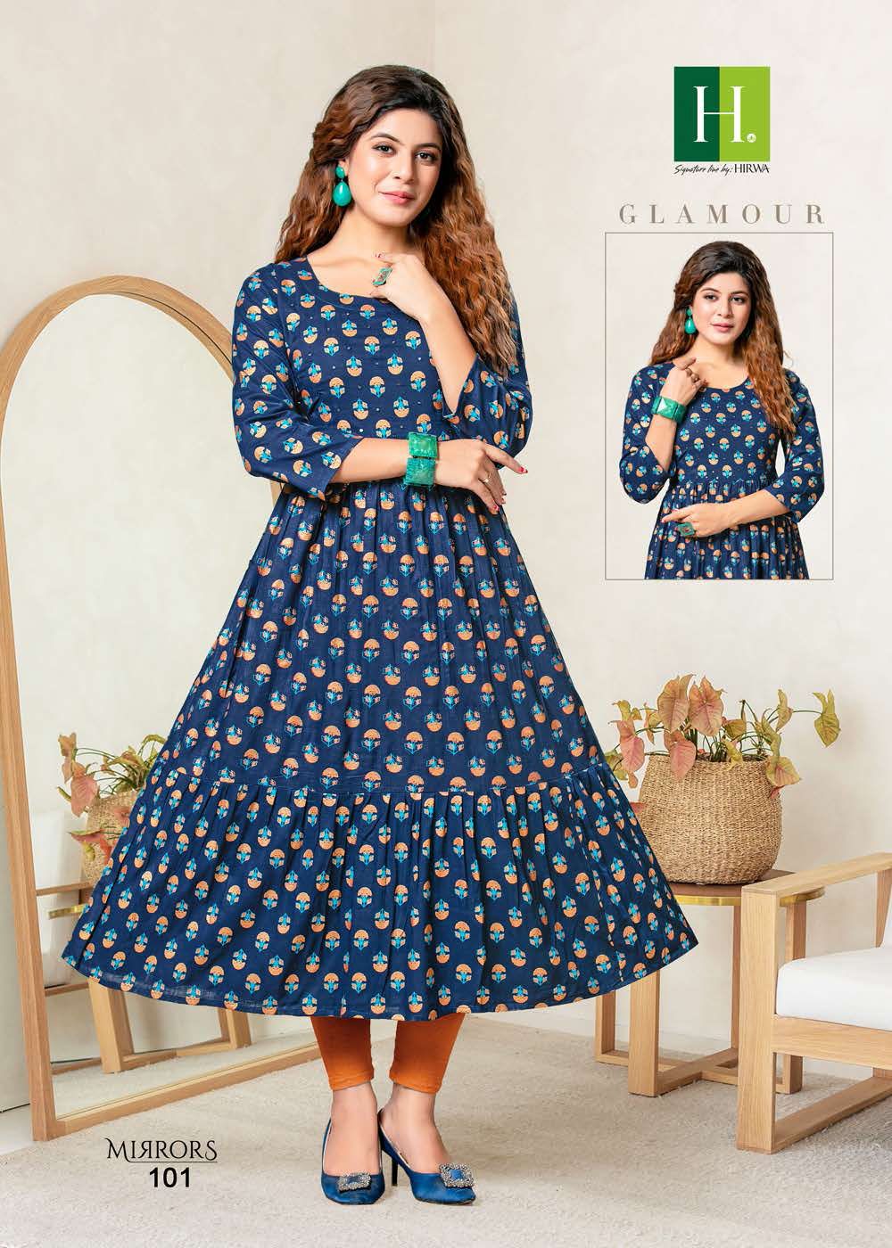 Hirwa Mirrors Heavy Rayon Printed Ethnic Wear Anarkali Kurti Collection